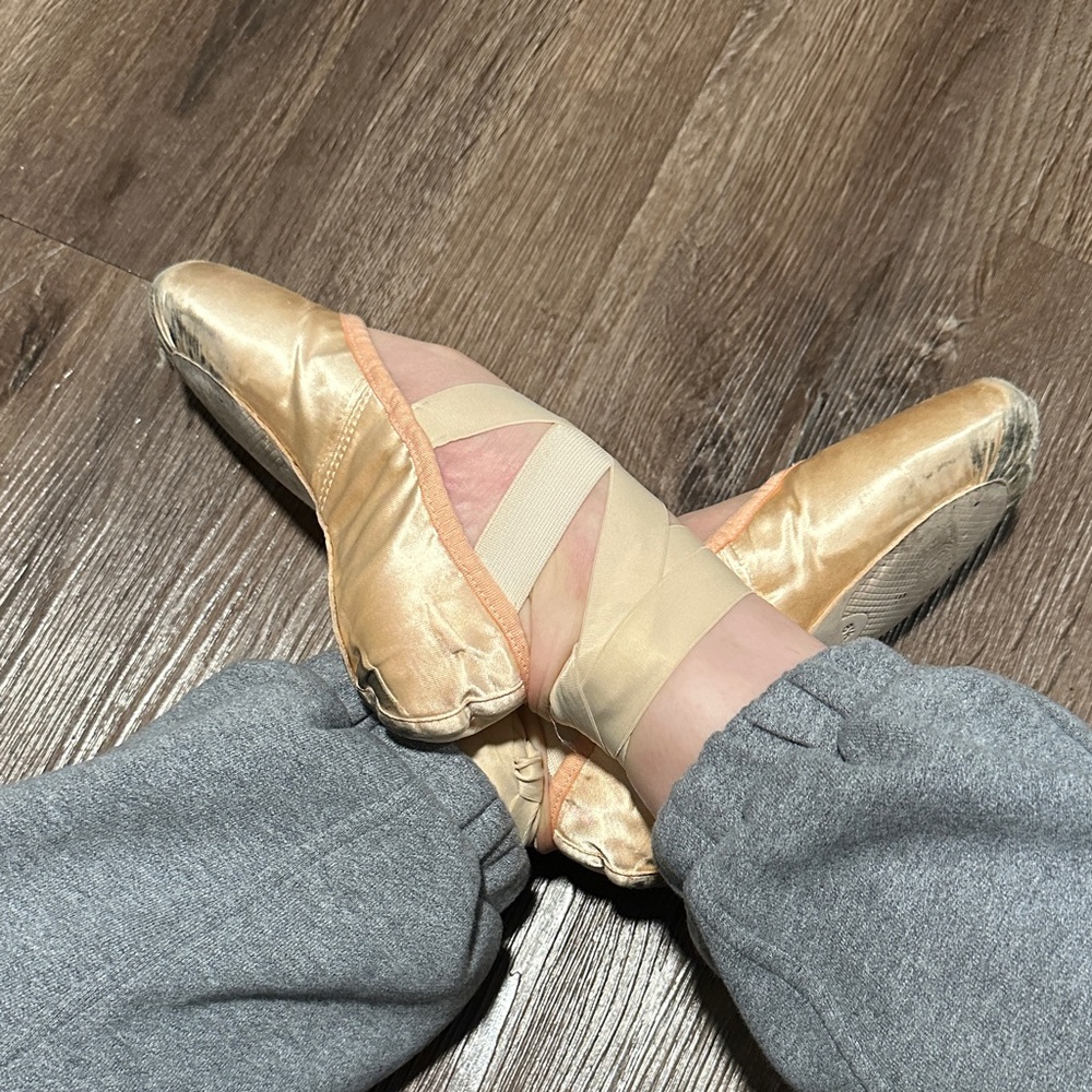 Thoroughly worn ballet pointe shoes